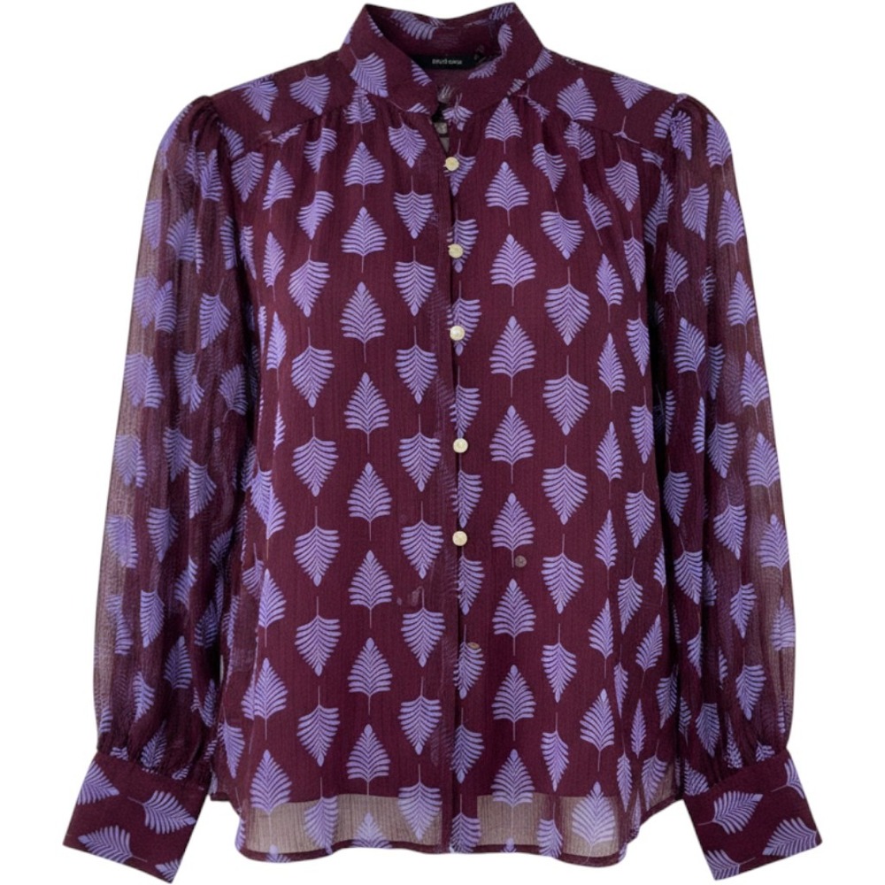 426 Boho Ann Taylor Button Front Blouse SP Purple Leaf Print Pleated Long Sleeve